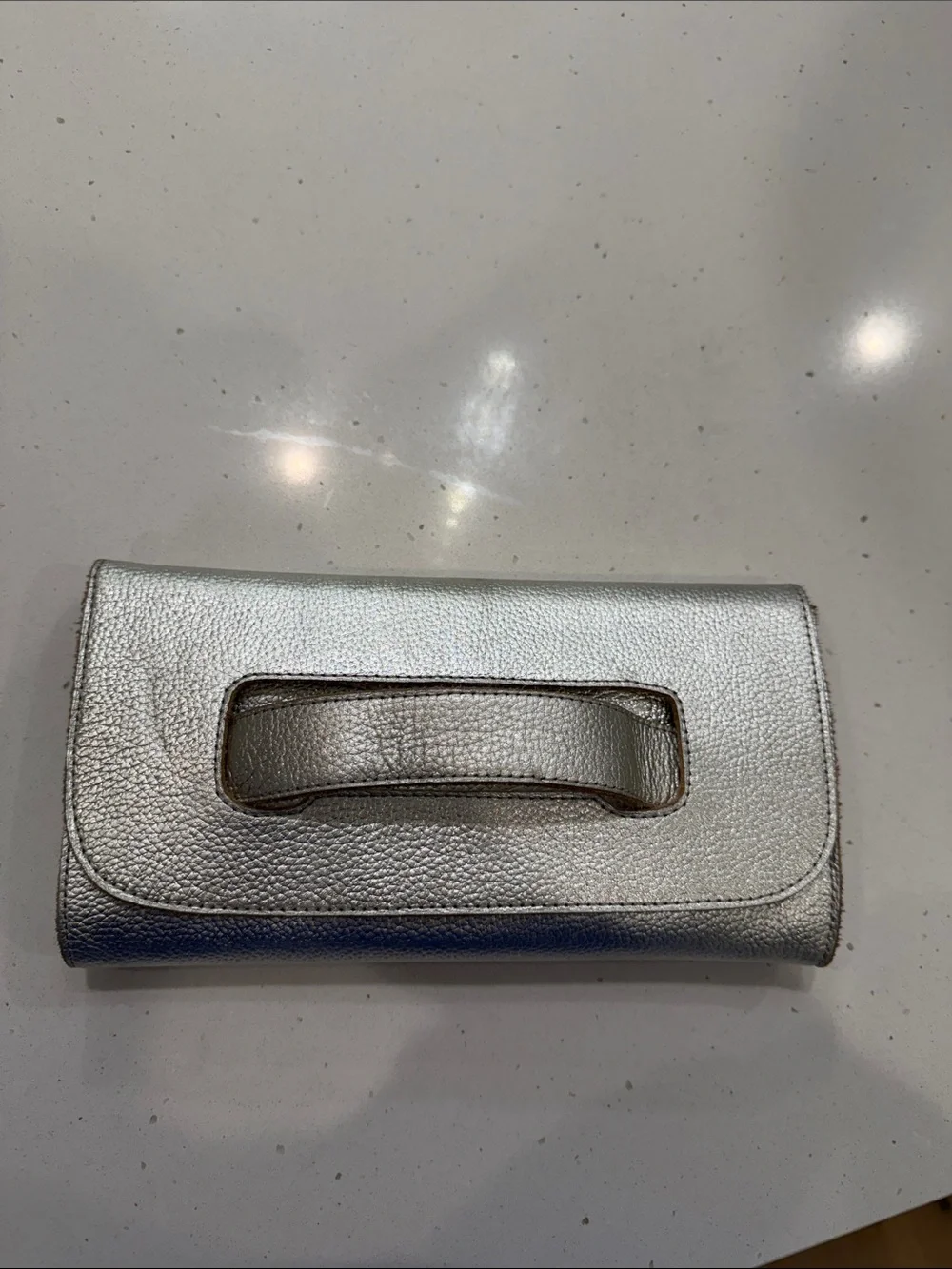 ABLE Mare Handle Clutch Purse Metallic Pebble Leather Silver